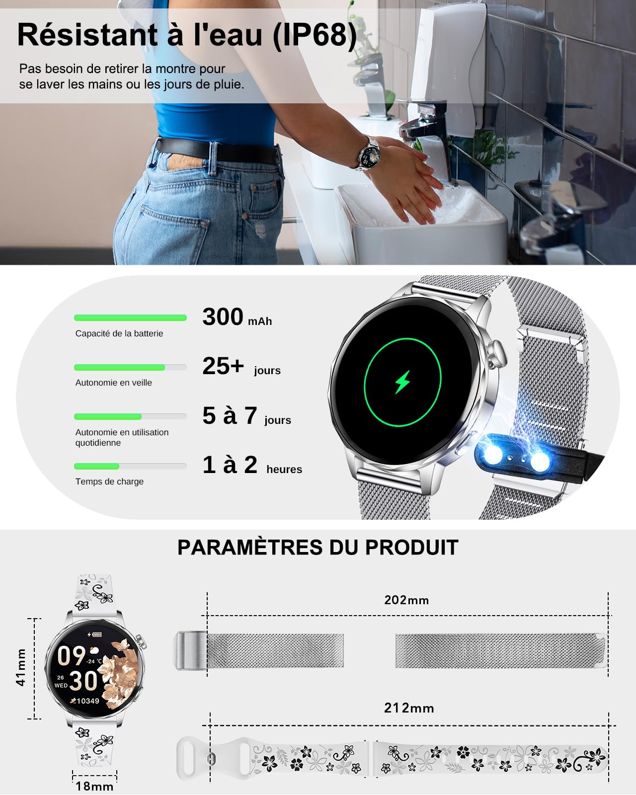 CIVO Montre Connectée Femme Sport: Acier Inoxydable Etanche Fitness Podometre - Track Bluetooth Smartwatch Compatible Android iOS Cadeau