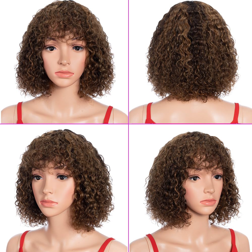 Spotlight Short Kinky Curly Wigs 10 inch Bob Loose Wave Human Hair Wigs for Women Brazilian Virgin Human Hair Wigs with Bangs 180% Density Natural Looking (Ombre Brown - Image 2