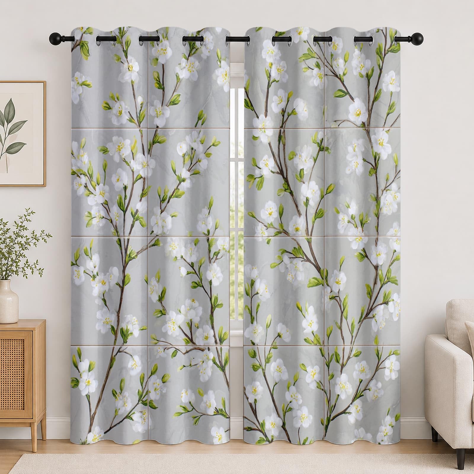 Genérico Infantil Cortinas Opacas Aislantes 2 Paneles 140An x 260Al cm Estilo RúStico Plantas Y Flores Suave Poliéster Termicas Cortina con Ojales Gris para Salon Dormitorio Oficina Hogar Decorativa