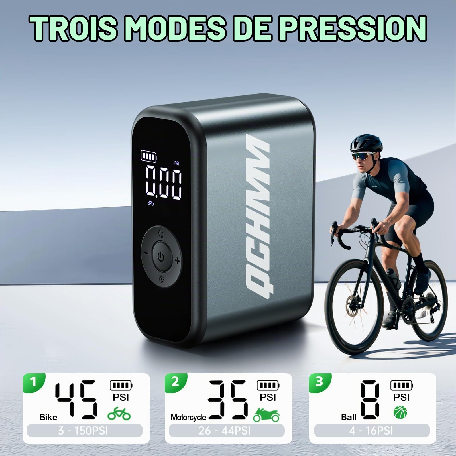 Pompe vélo électrique avec Manometre de 120PSI, PSI/Bar | Mini Pompe à vélo Portable avec Valve Presta et Schrader, de Route, VTT, vélos de Ville et vélos électriques, Auto off