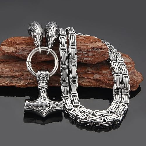 Thor's Hammer - Collar de cadena con colgante de martillo doble y cabeza de cuervo para hombre, hecho a mano, amuleto de Mjolnir, de acero