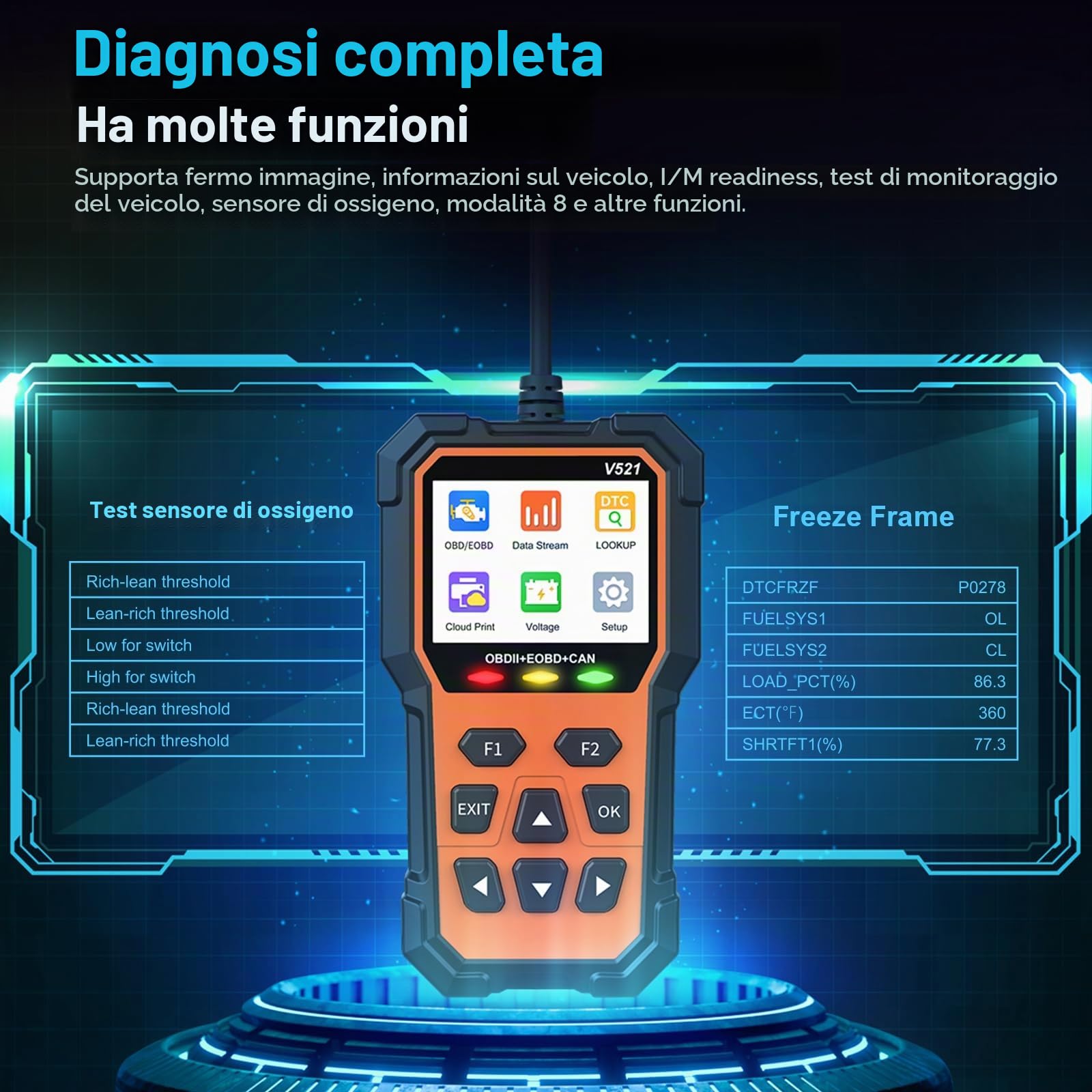 D-Lumina V521 OBD2 Diagnosi Auto, Spia Motore di Controllo, Lettore di Codici, Cancellazione Codici di Errore, Ricerca DTC, Dati in Tempo Reale, Compatibile con i Protocolli OBDII