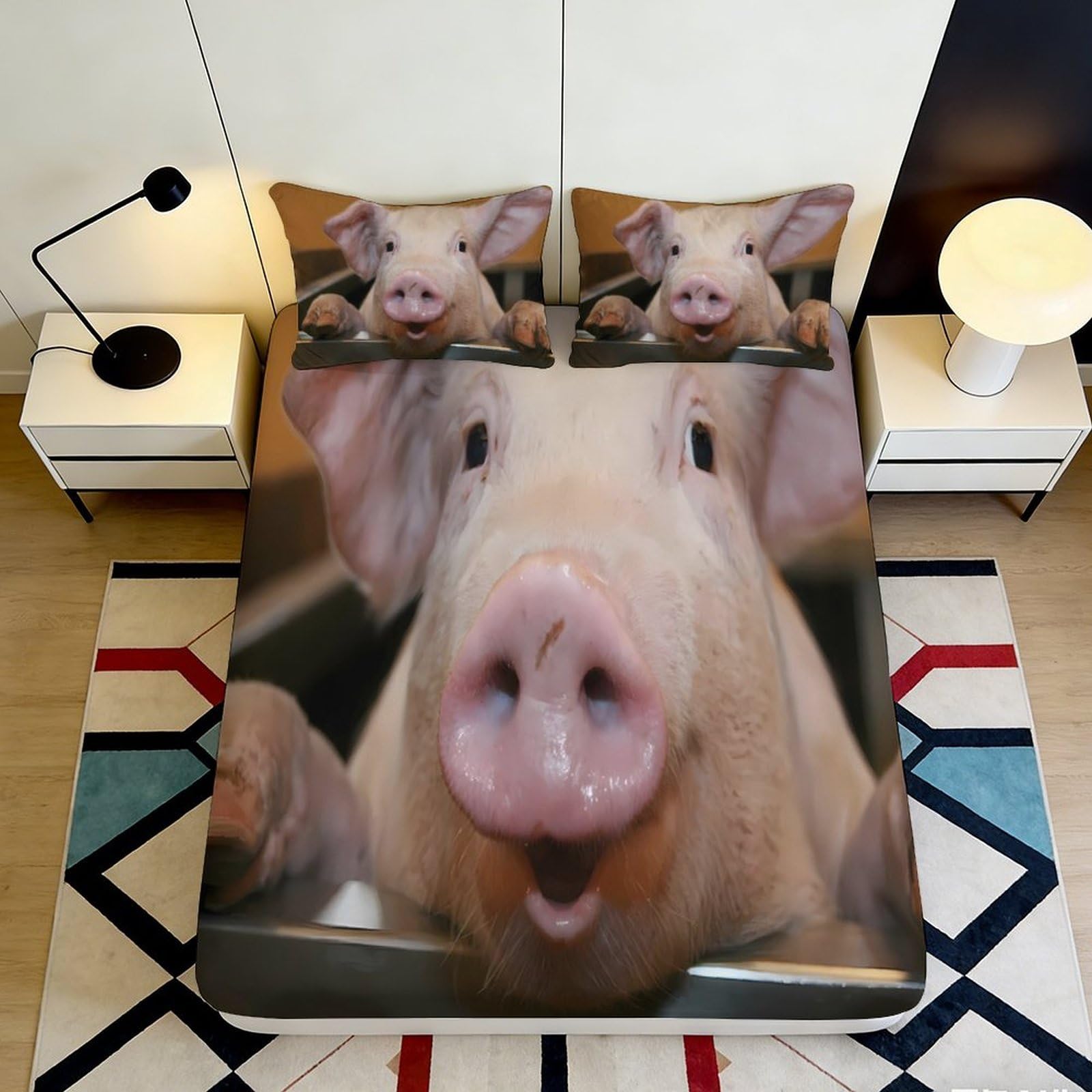 3D Printed Cute Pig Fitted Sheet Microfiber Animal Cartoon Bed Cover for Bedroom Dorm Mattress Decor Easy Care 90x200x25cm
