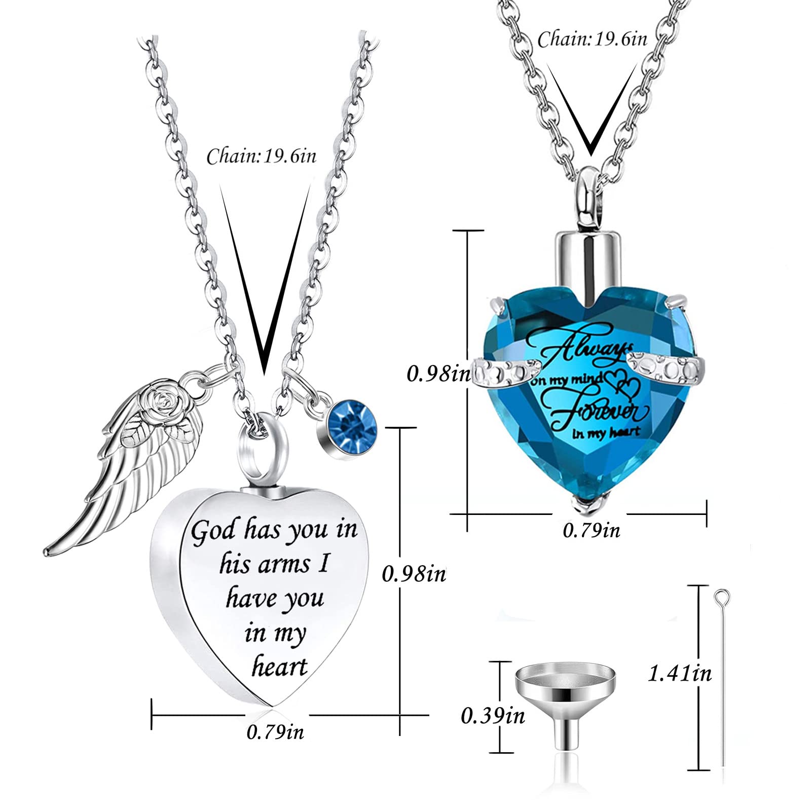 weikui 2 Pieces Cremation Heart Urn Necklace for Ashes Stainless Steel Shaped Loved One Memorial Cremation Ash Urn Pendant Necklace with Angel Wing 12 Birthstone jewelry (January)