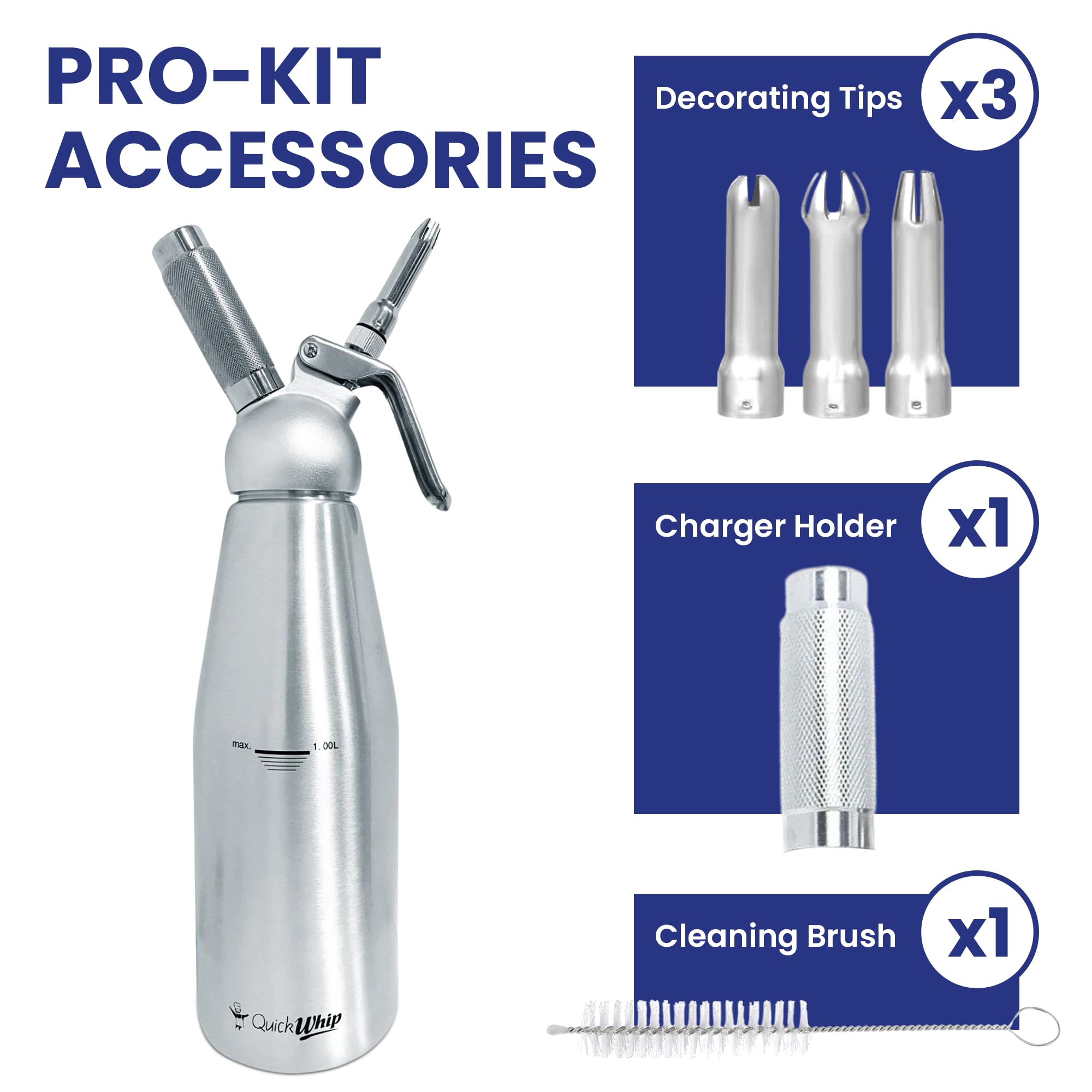 QuickWhip Aluminium Metal Whipped Cream Dispenser - Professional Cream Whipper, Full Canister with three decorating tip nozzles, 1 Liter (Silver)