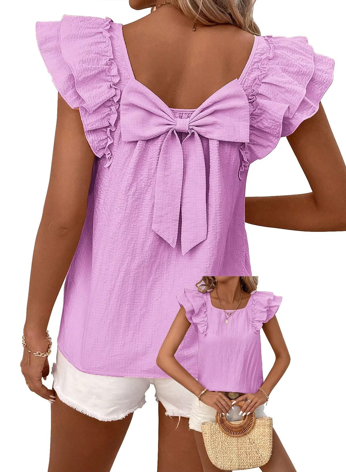 Falechay Womens Bow Tie Back Tops Babydoll Vneck Ruffle Short Sleeve Shirts