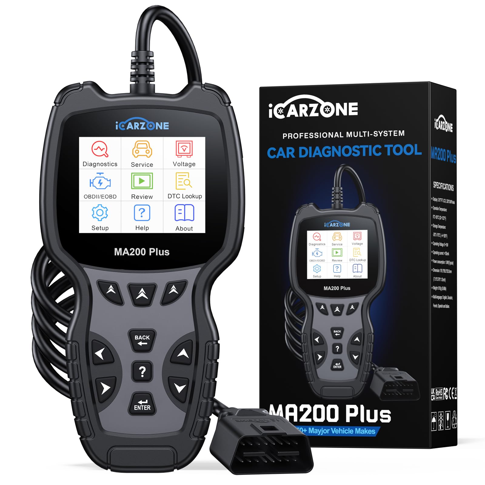 MA200 Plus Máquina Diagnosis Coche, Escáner de Todos los Sistemas con 6 Servicios, OBD2 Diagnosis para Coche Multimarca, Reset Aceite/EPB/SAS/TPMS/DPF/BMS, Auto VIN, Actualización de Por Vida