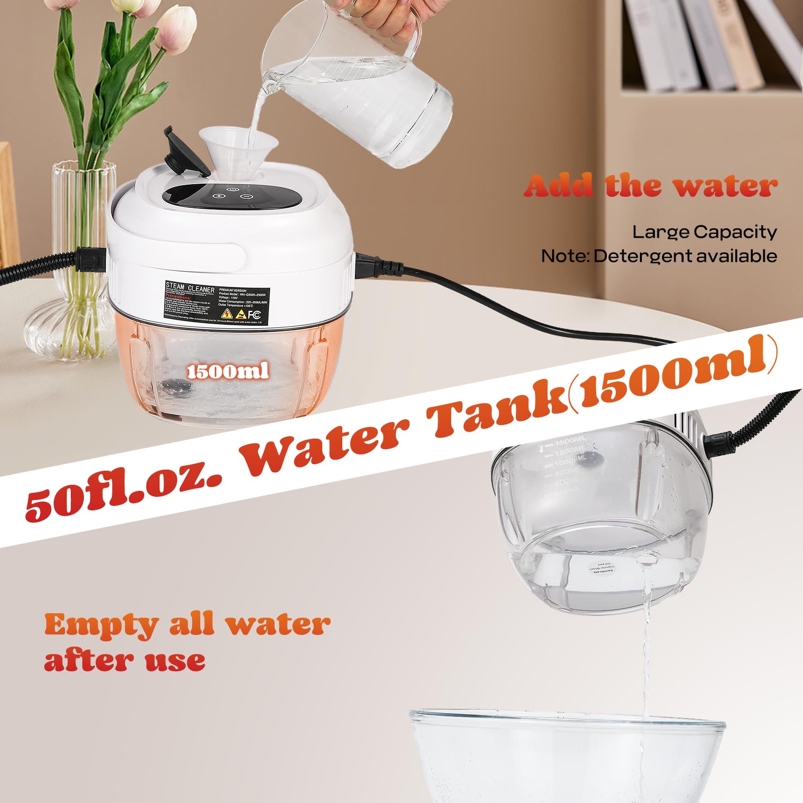 Moongiantgo Limpiador a Vapor Portátil 2500W, Vaporeta de Mano 3.5 BAR con 1.5L Tanque de Agua, 6 Velocidades Ajustable, Maquina de Vapor Limpieza Hogar para Cocina, Baño, Azulejos, Coches (Blanco)