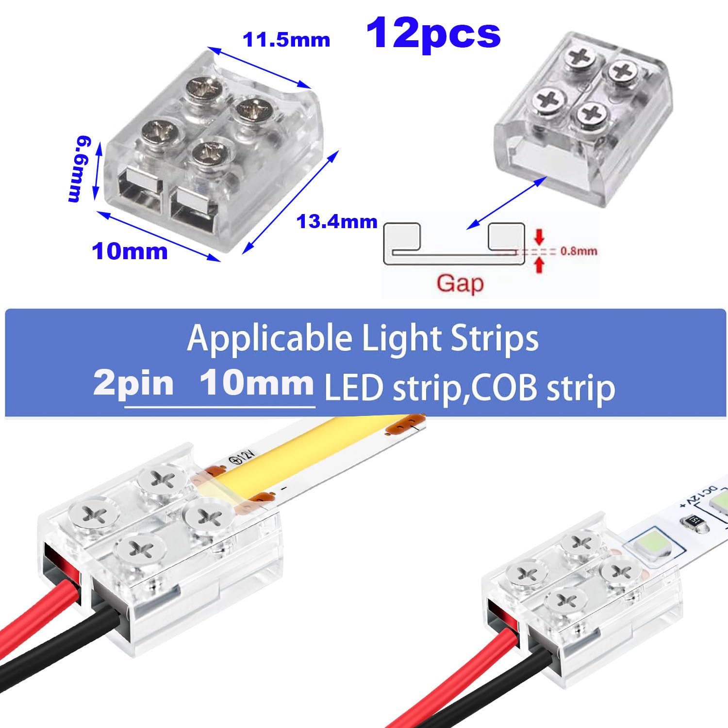 RUNCCI-YUN 12Pack led Light Strips Connectors 10mm 2 Pin Solderless Transparent 5V 12V 24V LED Tape Light Connectors - Image 2