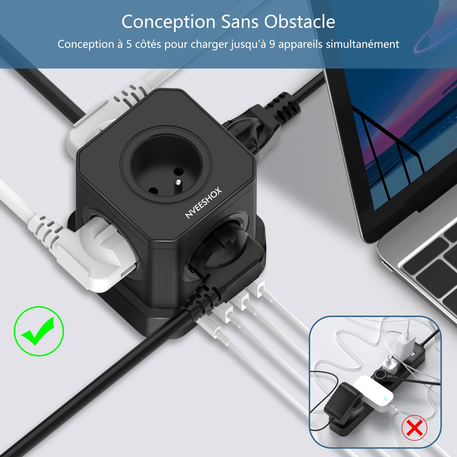 NVEESHOX Cubo Multipresa a 5 prese con 3 porte USB +1 USB C PD20W porte | Multipresa Scaricatore con Interruttore, (16A/4000W) - Blocco multipresa elettrica cavo 2M per casa ufficio, viaggio (nero)