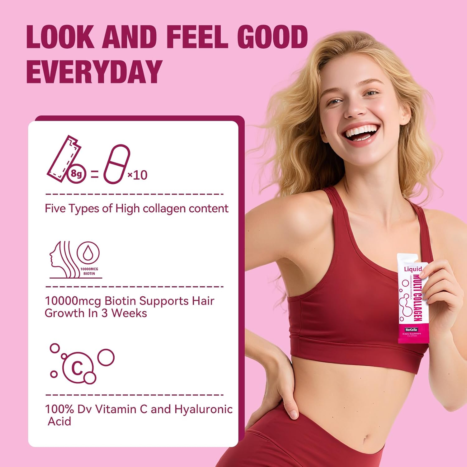 Liquid Collagen for Women, 10000mcg Biotin, 8000mg Multi Type Collagen Peptides, Hyaluronic Acid, Vitamin C, Skin, Nail, Hair Supplement, Orange Flavor, 10 Fl oz. (10 FL Oz (Pack of 1)) - Image 3