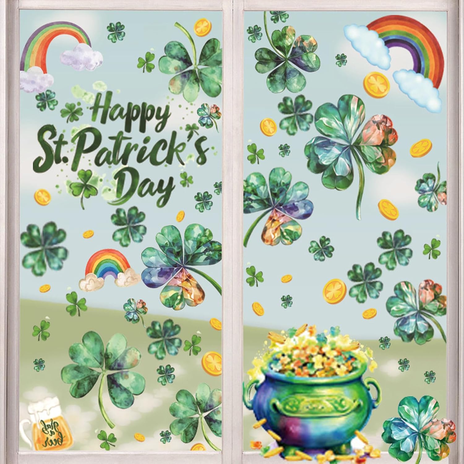 St Patrick's Day Window Clings Shamrock Rainbow Glass Wall Decorations Double-Sided Holiday Window Decals