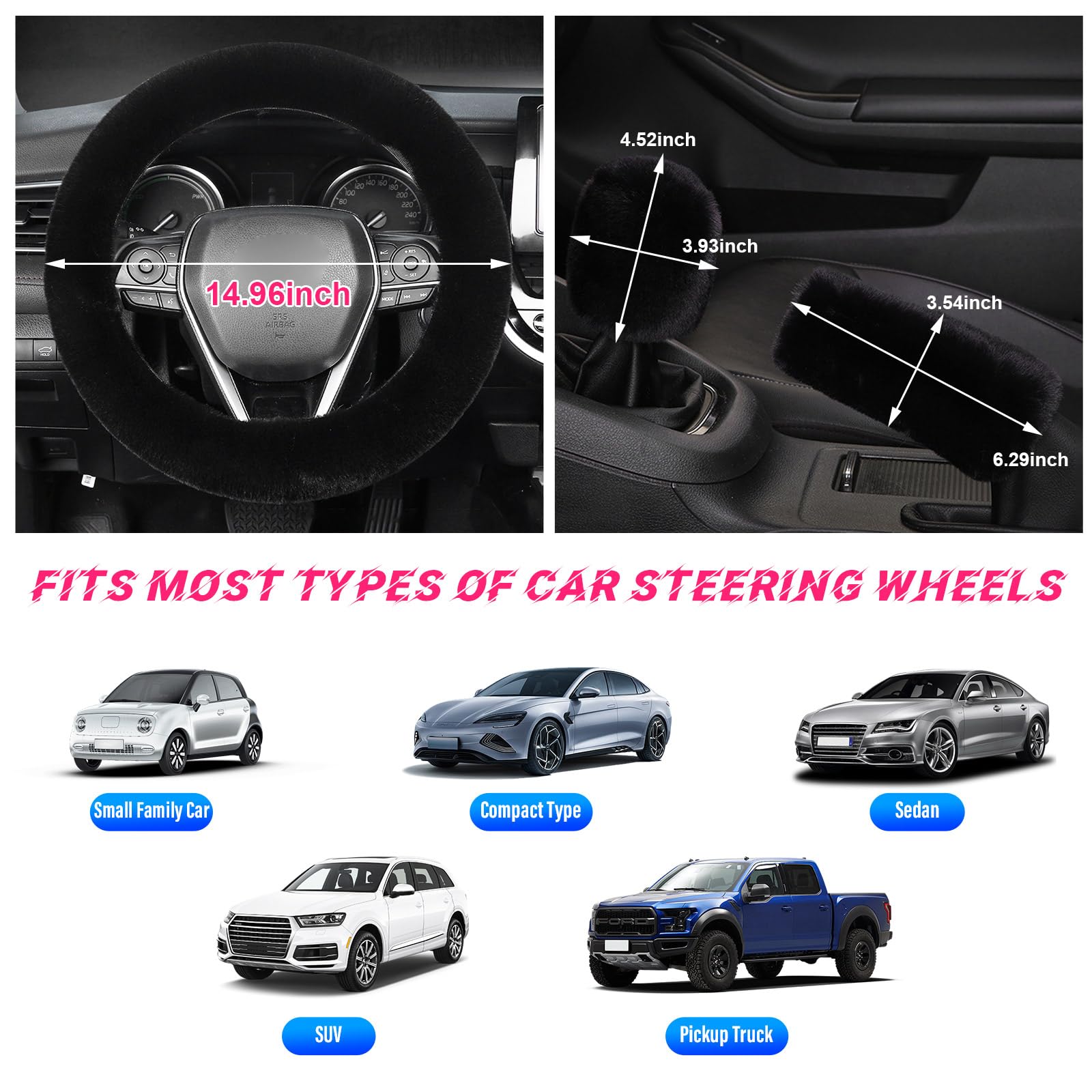 Kewucn 3PCS Fuzzy Car Steering Wheel Cover, Fluffy Soft Fur Wheel Protector for Warm Winter, 15'' Anti-Slip Steering Wheel Covers, Universal Vehicle Interior Accessories for Men Women (Black)