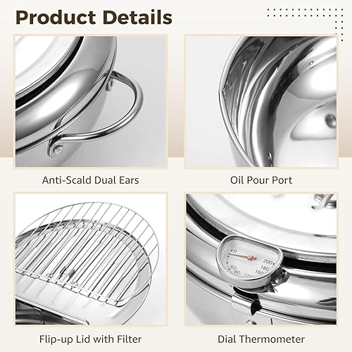 Miniatura 3 de Olla de acero inoxidable de 1.1 galones, olla japonesa de 4.2 L con termómetro, estante de goteo de aceite extraíble, olla de tempura con tapa