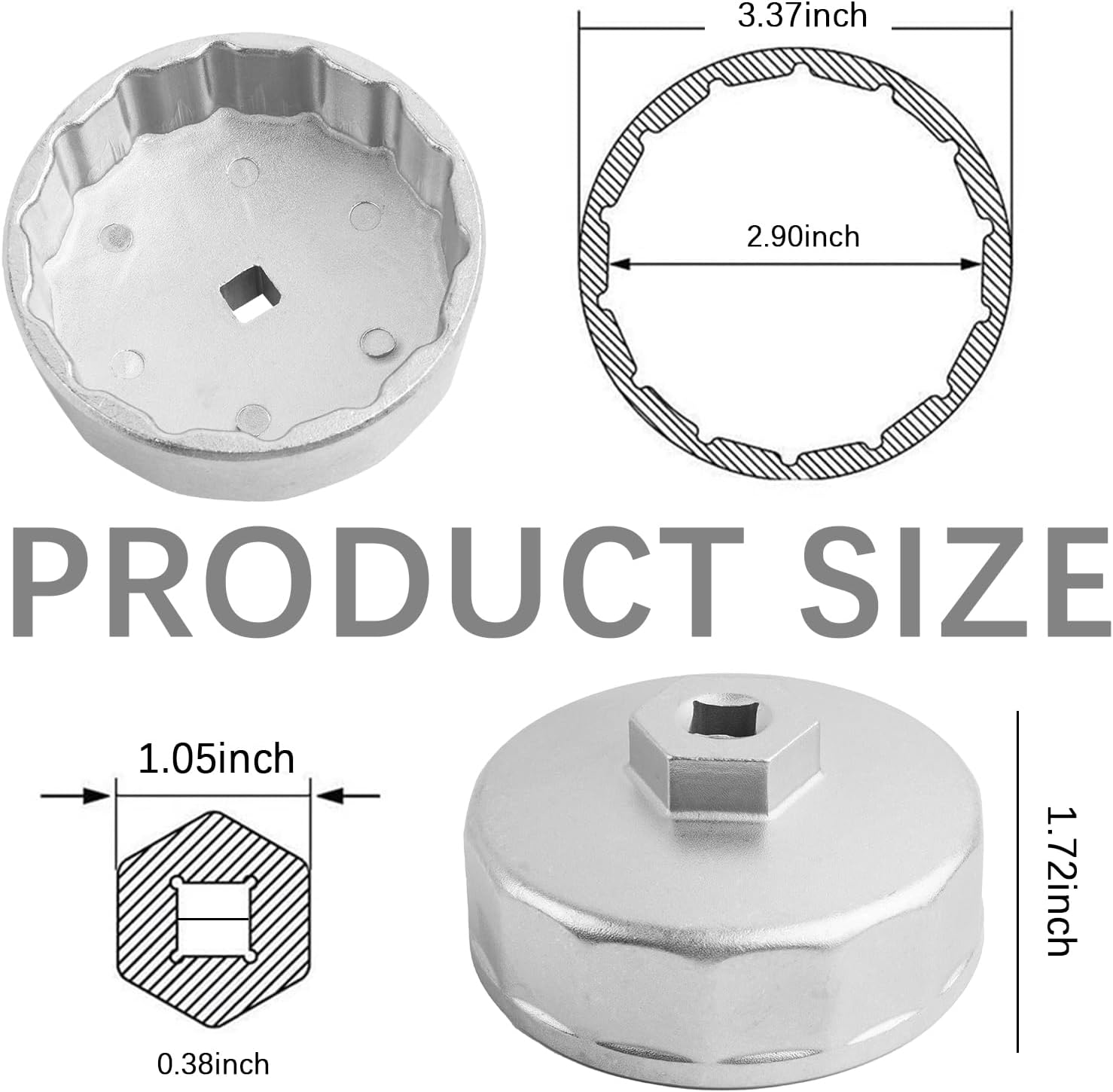 74mm 14 Flute Oil Filter Wrench with 3/8" Drive Port,Oil Filter Removal Tool Compatible with Ford,Mercedes-Benz,Oils Filters Socket for Dismantling & Installing Oils Filters
