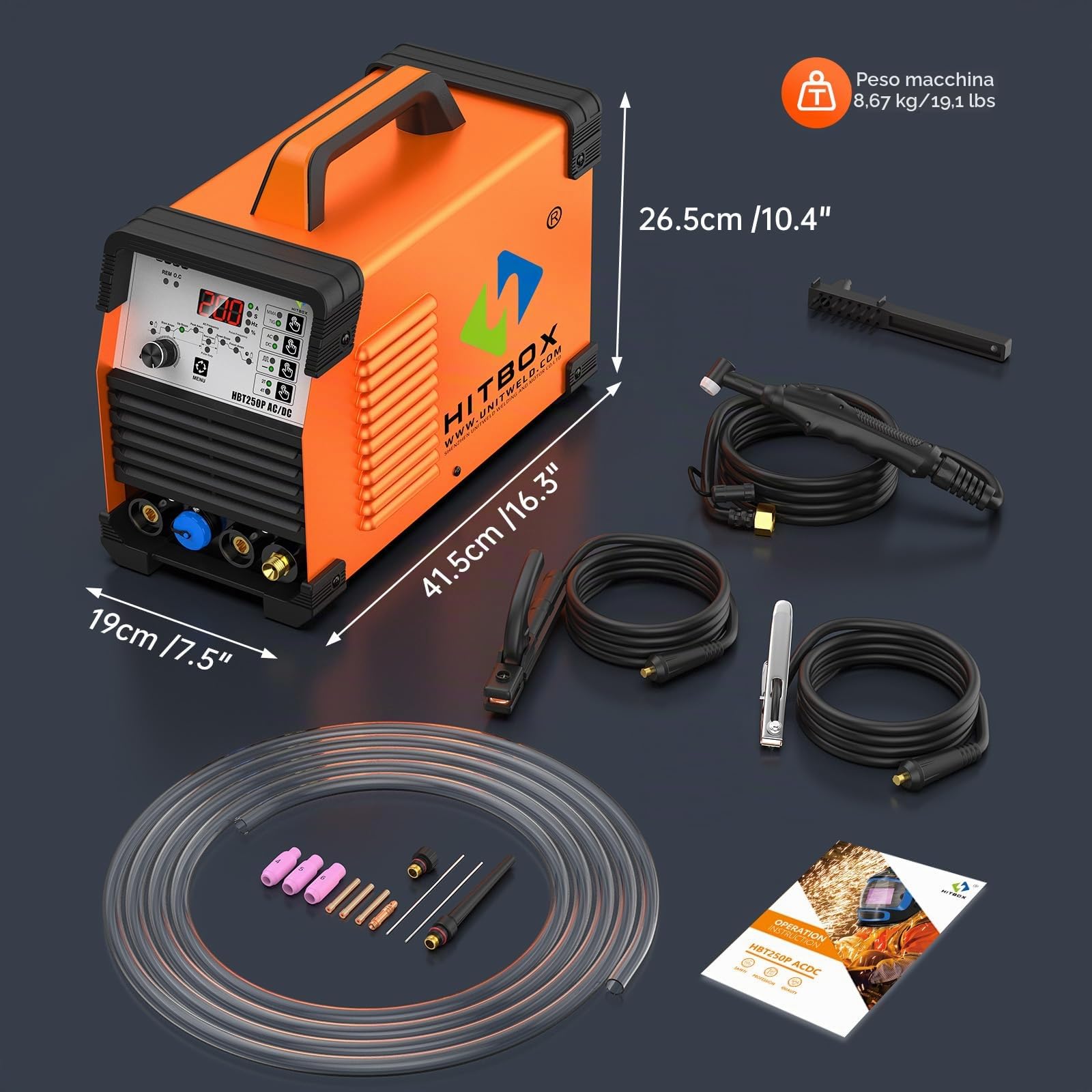 HITBOX Saldatrice TIG 6 in 1 AC/DC, 200 A, funzione pulsata, tecnologia inverter IGBT, controllo digitale 2T/4T, nuova versione per alluminio, acciaio inox e acciaio (HBT250P AC/DC)
