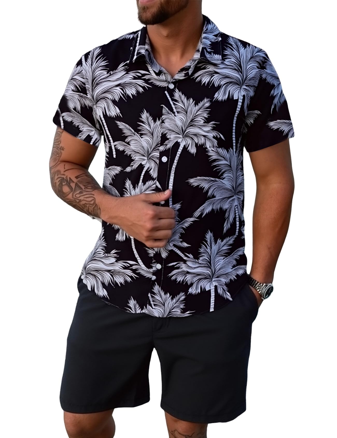 Yimoon Men's Summer 2 Piece Outfits Tropical Print Short Sleeve Button Down Hawaiian Beach Shirt and Shorts Set