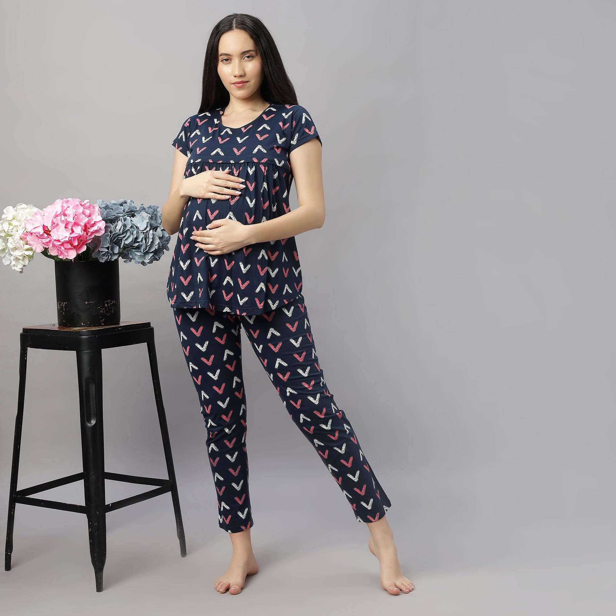 DZZO Cotton New Women's Printed Maternity Night Suit | Comfortable Feeding Night Dress | for Breathable Nursing Pajama Set | Color - Navy, Size - XL - Image 5 thumbnail