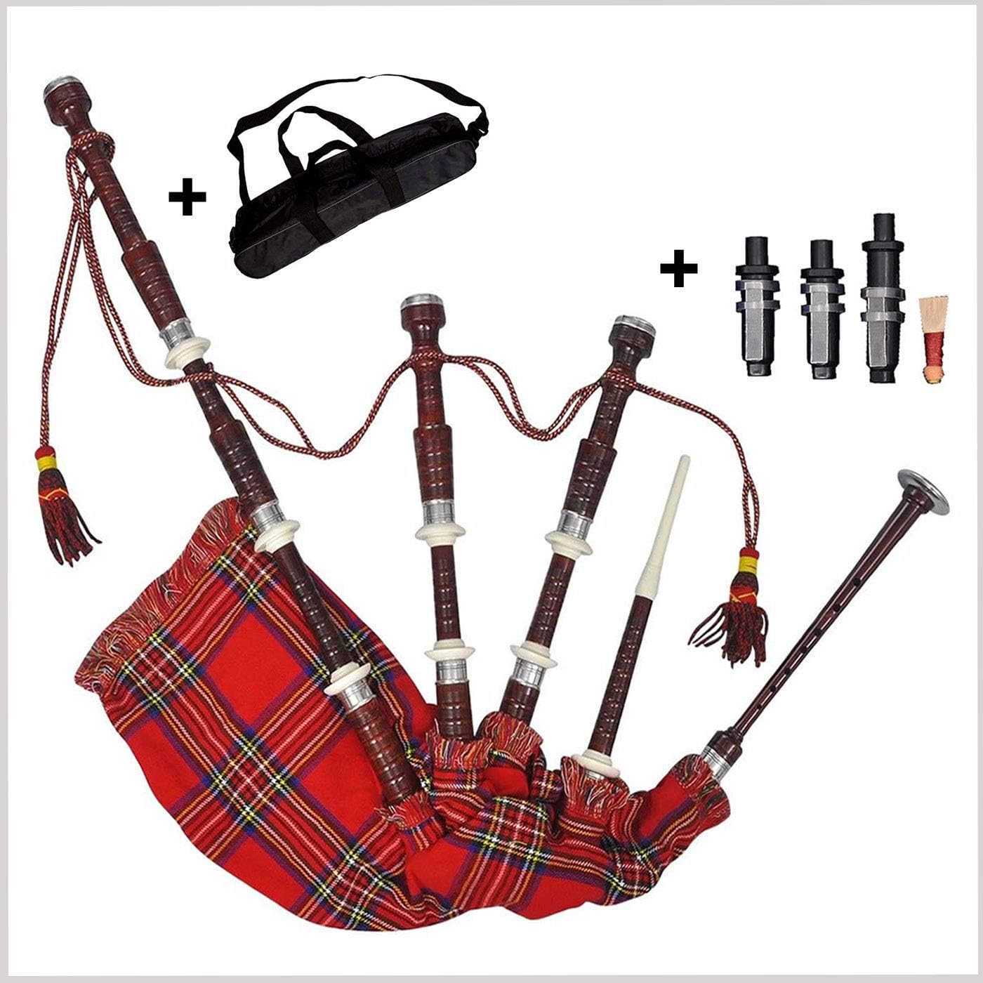 Scottish Bagpipe Rosewood Royal Stewart Tartan Natural Color with Silver Plain Mounts & Great Highland Bagpipe Full Silver Mounts Black Velvet & +Free bag (red)