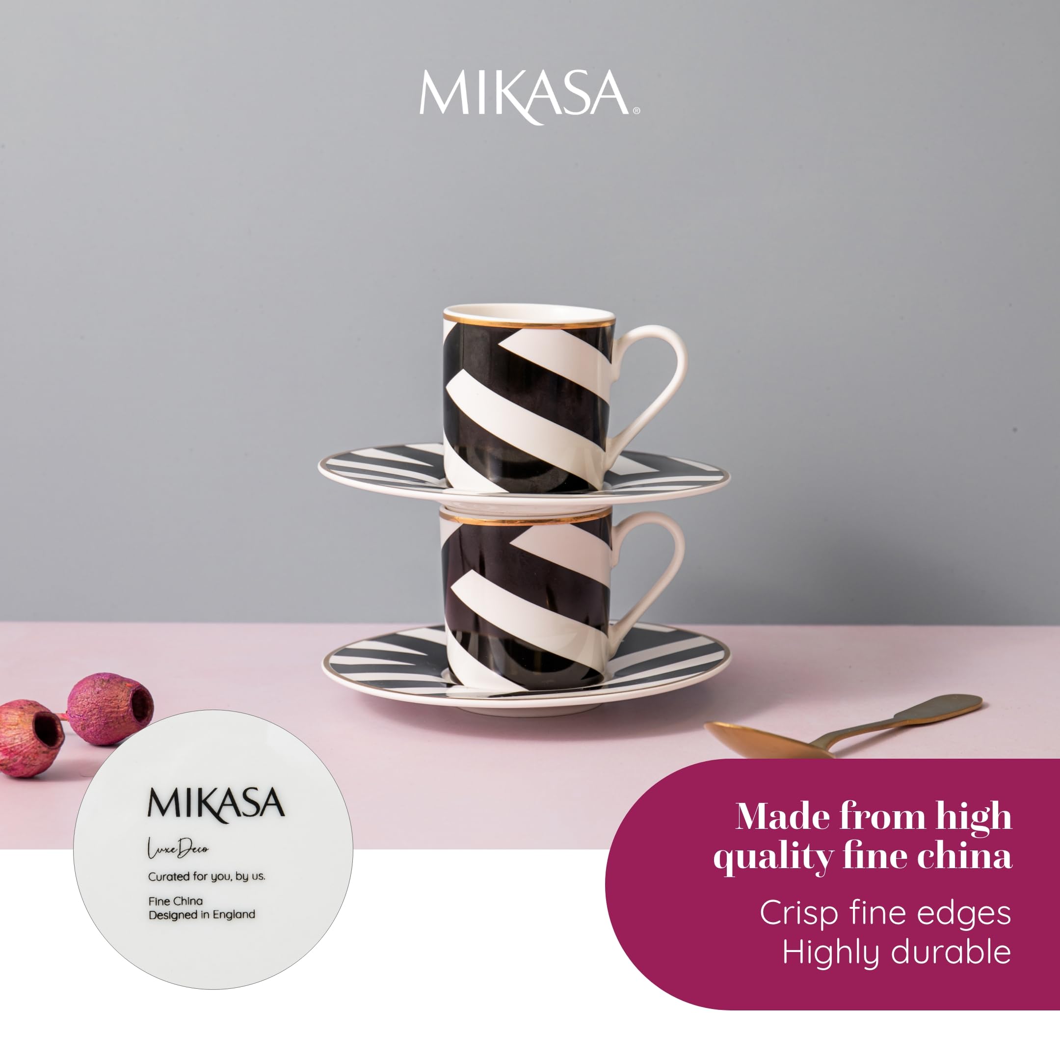 Mikasa Luxe Deco Porcelanowy zestaw filiżanek i spodków do espresso, 2x filiżanki i spodki do espresso z geometrycznym nadrukiem, filiżanki do kawy o pojemności 100 ml