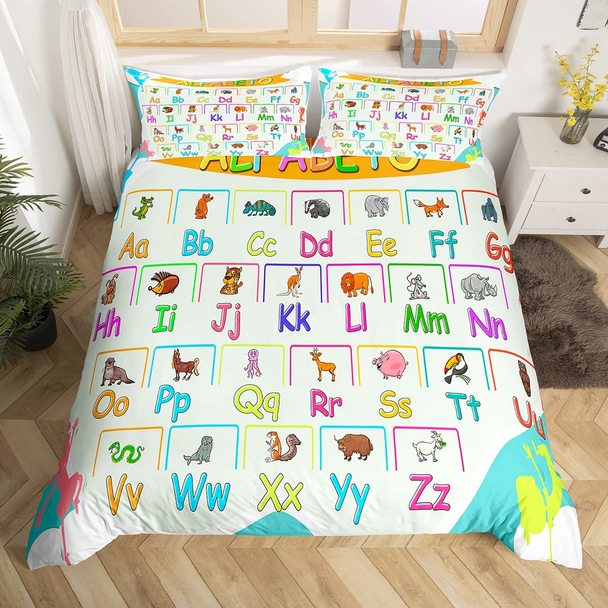 Housse de couette alphabet avec taie d'oreiller pour lit simple enfant