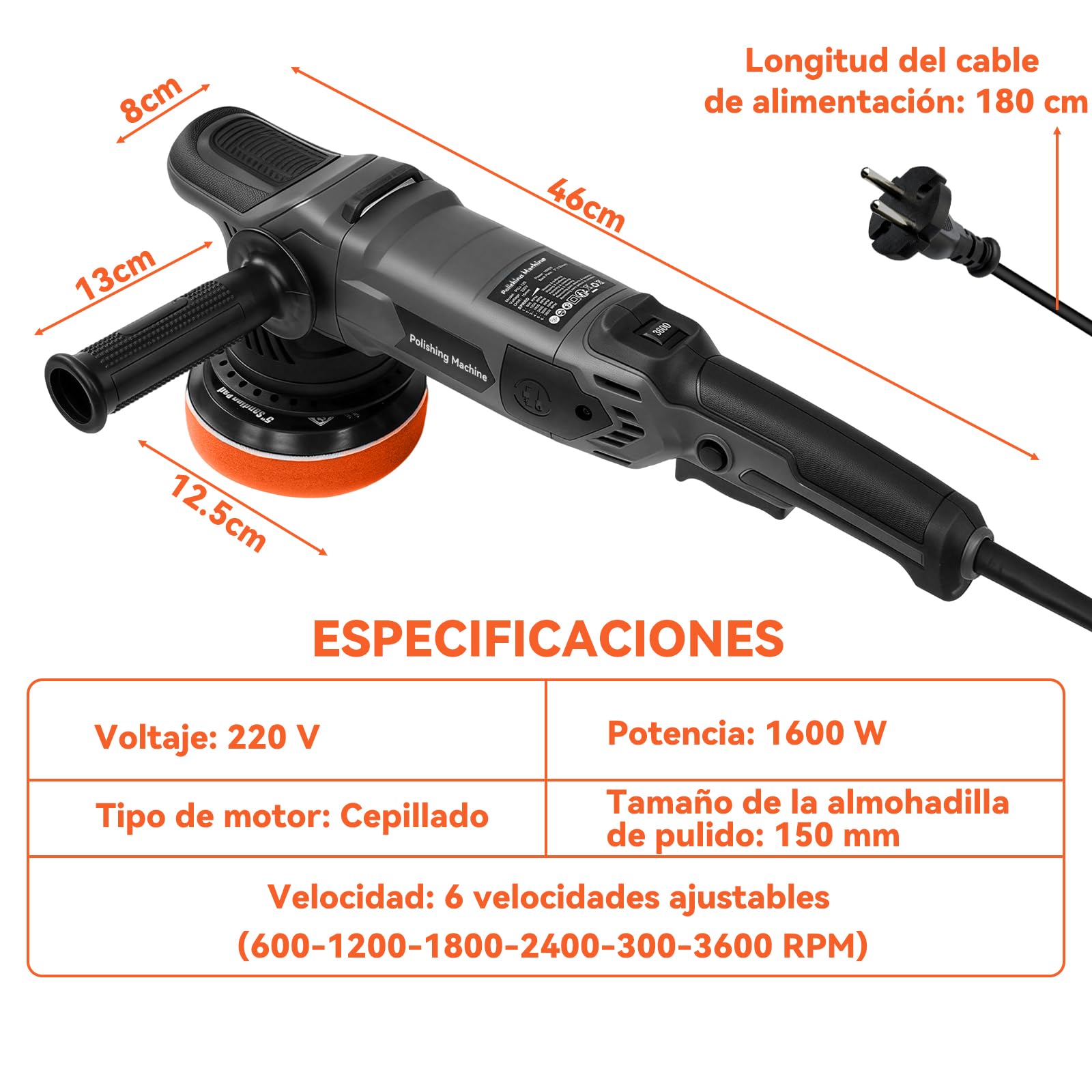 Pulidora Orbital Coche 1600W, 6 Velocidades Variables 600-3600RPM, 4M Cable, con 6 Almohadillas de Pulido, D-Mango Desmontable/Mango Lateral, Maquina de Pulir, para Detallar, Pulir y Encerar