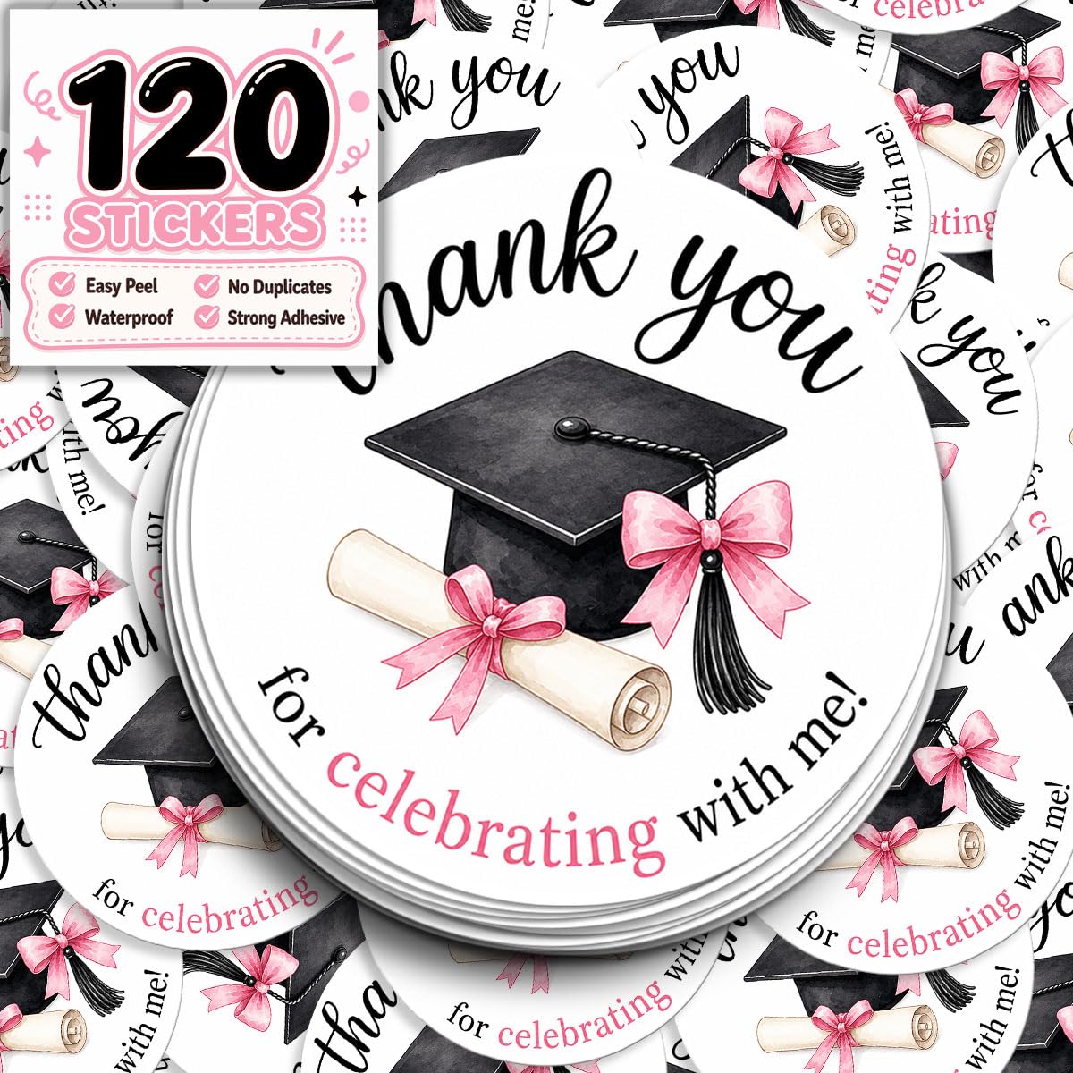 120pcs Graduation Thank You Stickers Grad Class of 2027 Pink Seals 2 Inch