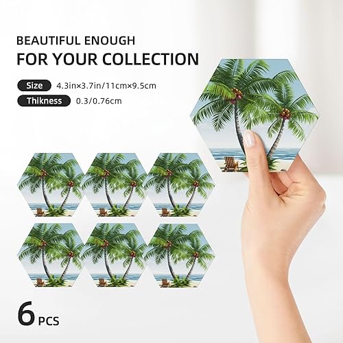 Miniatura 10 de Juego de 6 posavasos de cerámica con soporte de metal, palmera tropical de cerámica para bebidas, protección de mesa, tapete para bar, decoración de