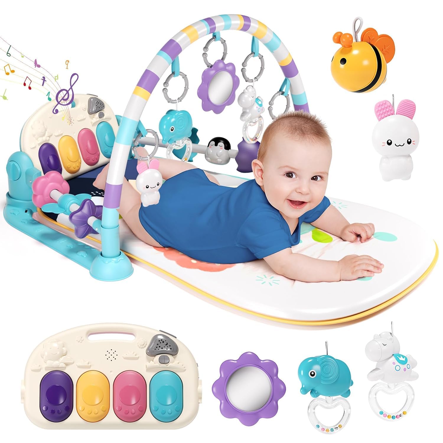 Palestre per Bambini Tappetini da Gioco con Pianoforte, Tappeto per Gattonare con Musica e Luci, Tappeto per Bambini con Arco di Gioco e 5 Giochi per Bambini Rimovibili, Regalo per Neonati 0-36 Mesi