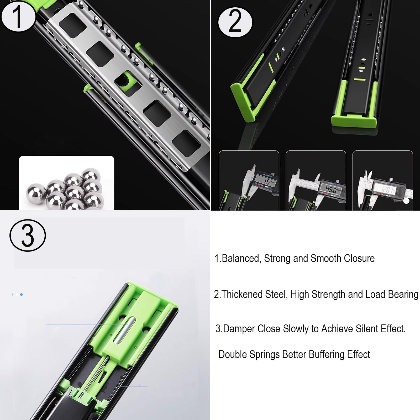 Guide Cassetti con Chiusura Ammortizzata, Guide Lineari Scorrevoli Laterali A 3 Pieghe con Estensione Completa per Schedario, Armadio da Cucina(45cm/17.7in)