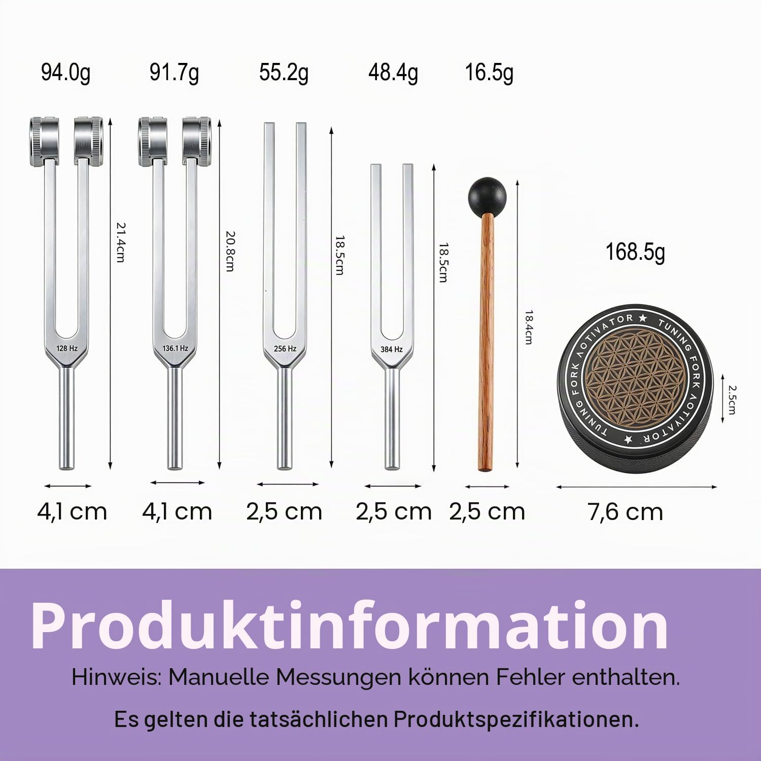 Stimmgabeln für Heilung Set, inklusive 128 Hz, 136 Hz, 256 Hz, 384 Hz & Aktivator, Edelsteinfüße, Yoga und Meditation, Zubehör in medizinischer Qualität, Klangtherapie-Musik-Stimminstrumente mit