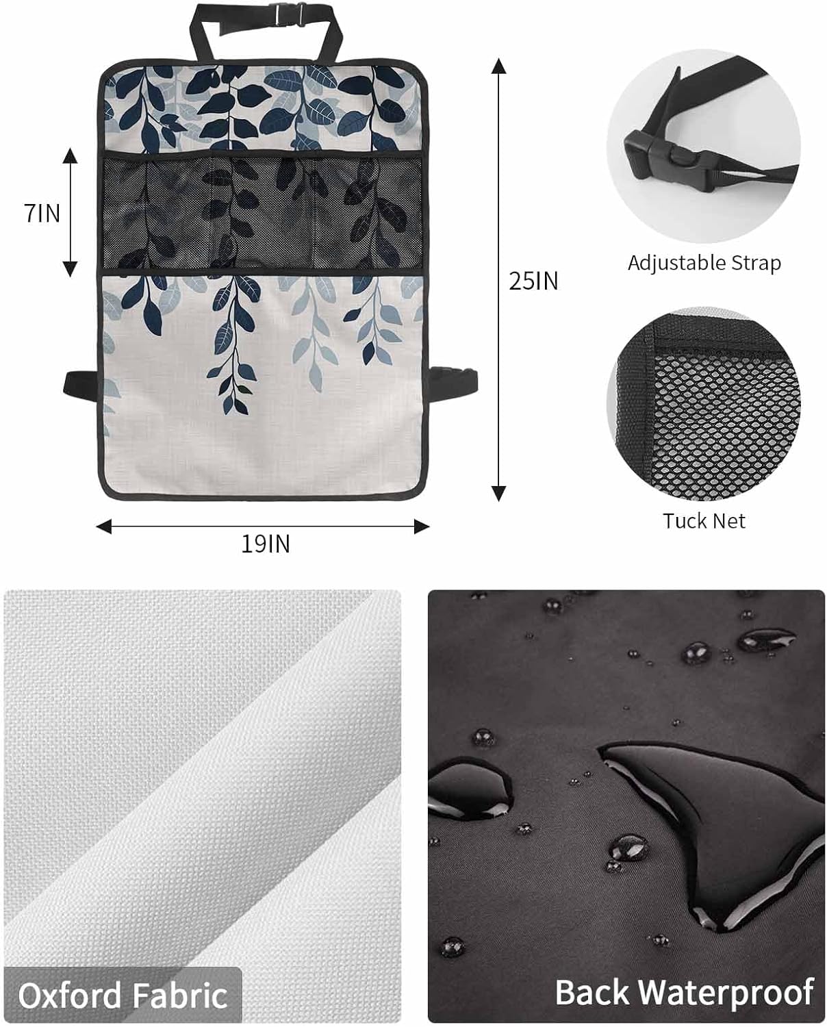 Car Seat Protector, 2 Pack Kick Mats with Organizer - 3 Pocket Storage, Plants Gradient Blue Leaves Farmhouse Style Linen Texture Back Seat Cover for Kids Universal Fit Automotive Interior Protectors