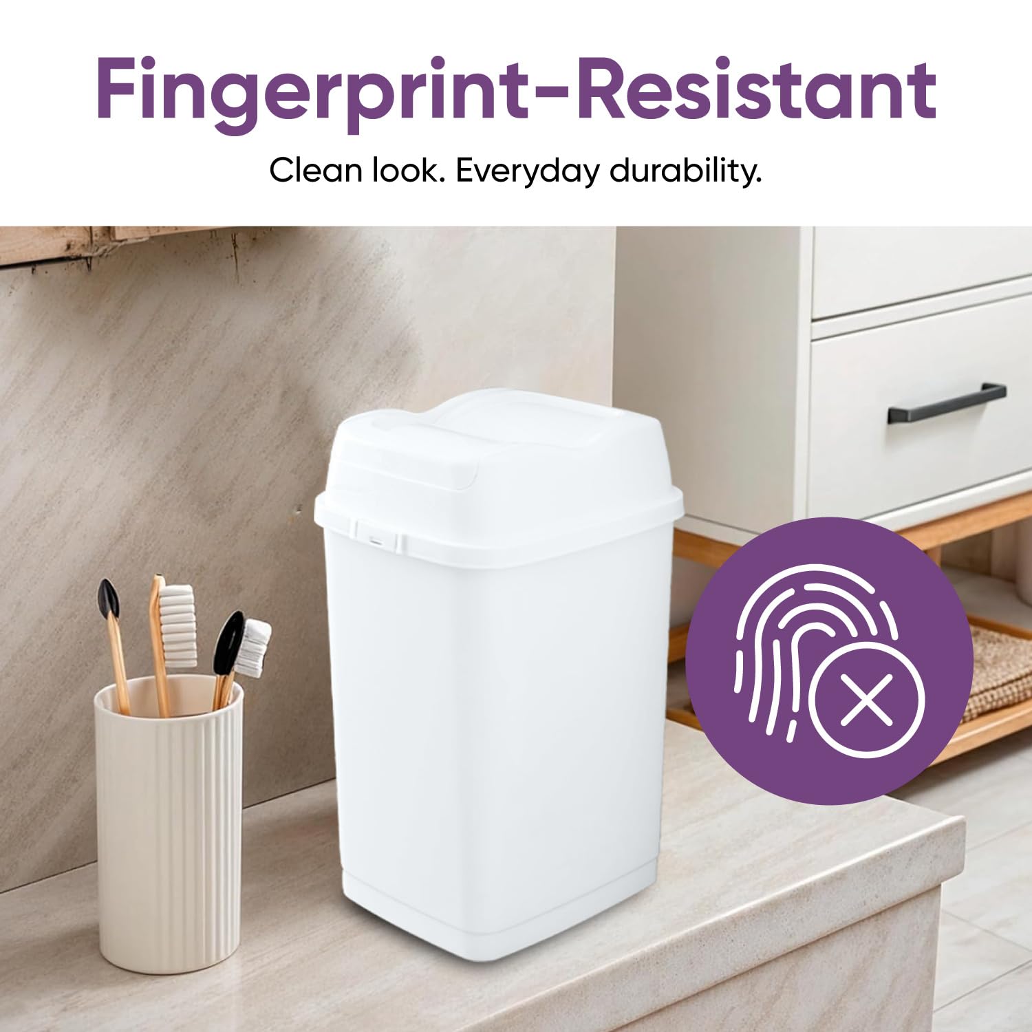 Superio 1.25 Gallon and 2.5 Gallon Plastic Garbage Cans with Swing Top-Split Lid | Small Trash Cans with Lid | Durable Plastic | Slim & Sturdy Trash Bins | Fingerprint Resistant | 5L / 10 L - White