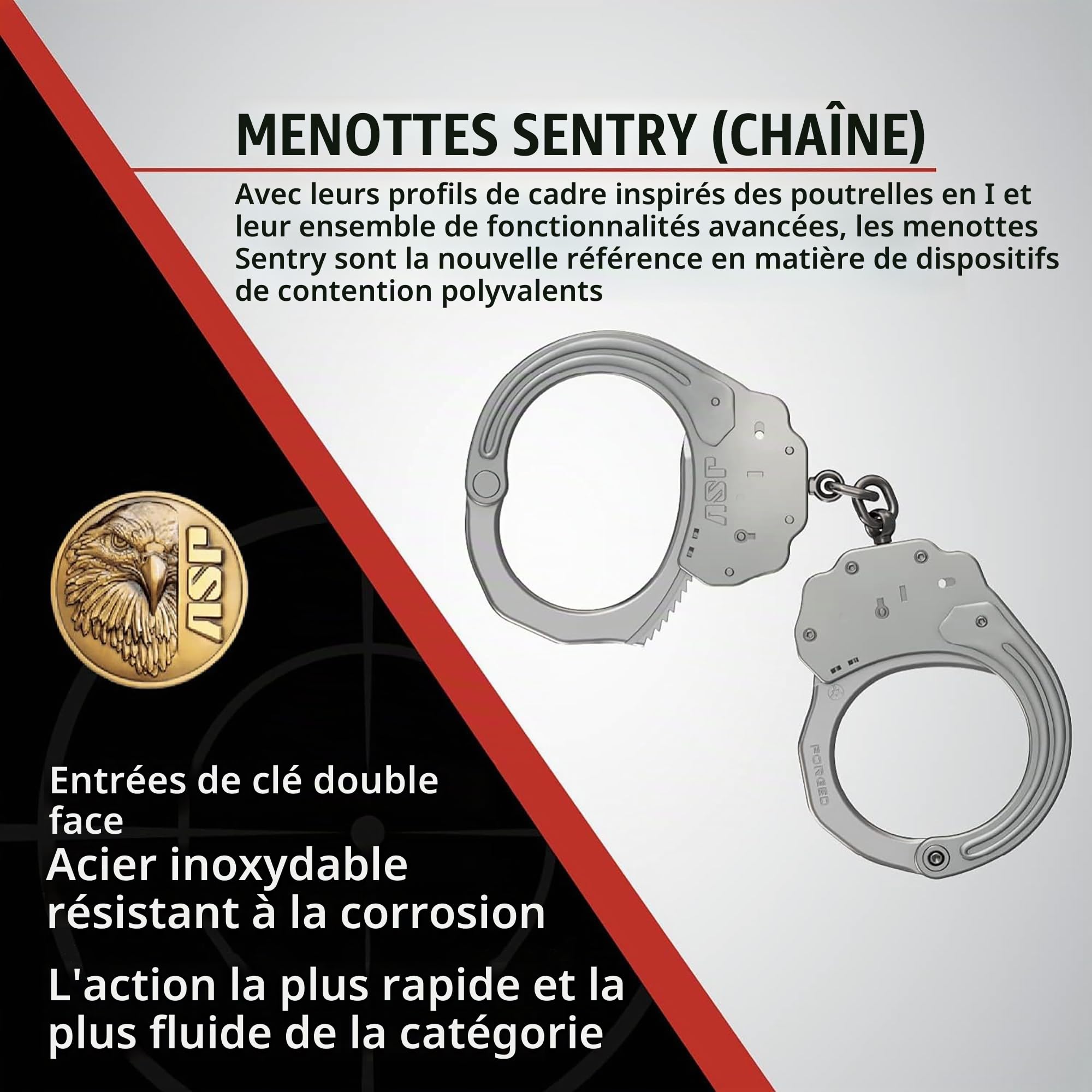ASP Sentry Menottes de qualité Professionnelle avec Cadres en Acier Inoxydable, nœuds en Acier forgé, passages de clavette Double Face et Fentes à Double Verrouillage pour équipement et équipement