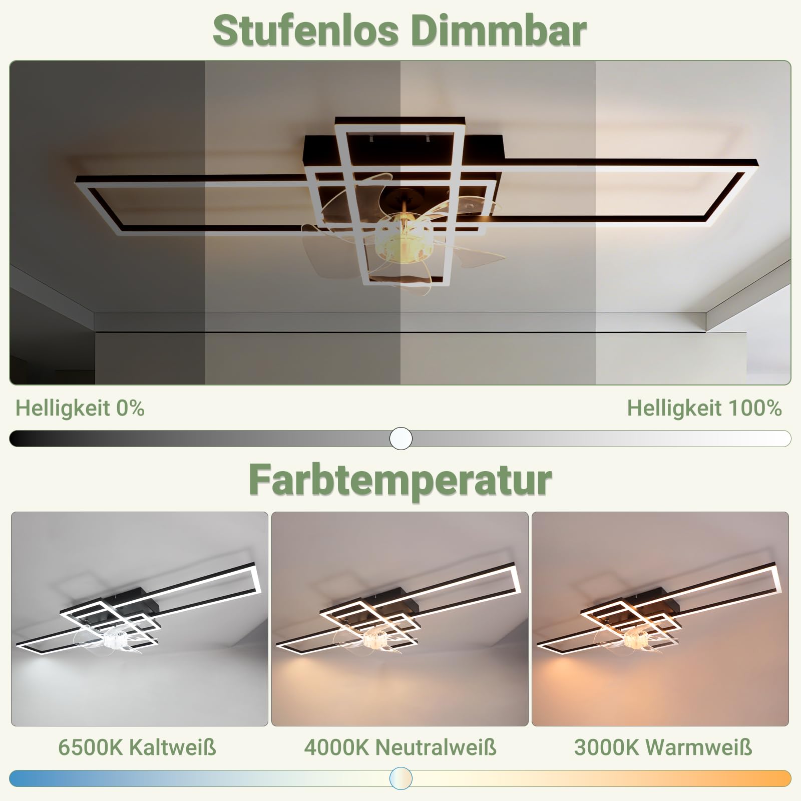Deckenventilator mit Beleuchtung Deckenleuchte LED Deckenlampe | Schwarz 41W Dimmbar Ventilator Leise mit Light 6 Geschwindigkeiten Wohnzimmerlampe Groß Rechteckig für Schlafzimmer Küche