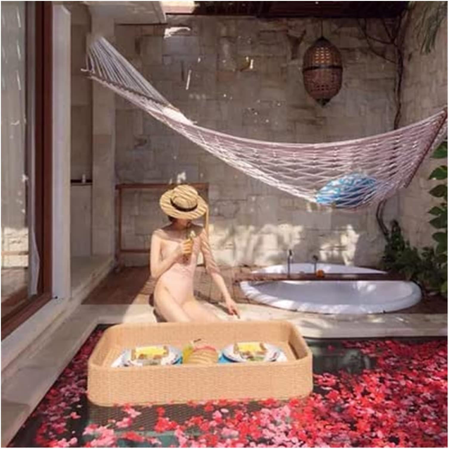 Luxury Floating Serving Tray Pool Tray Table, Rectangle Rattan Floating Tray, Stylish Floating Serving Tray Table and Bar, Waterproof Floating Breakfast Tray for Swimming Pool