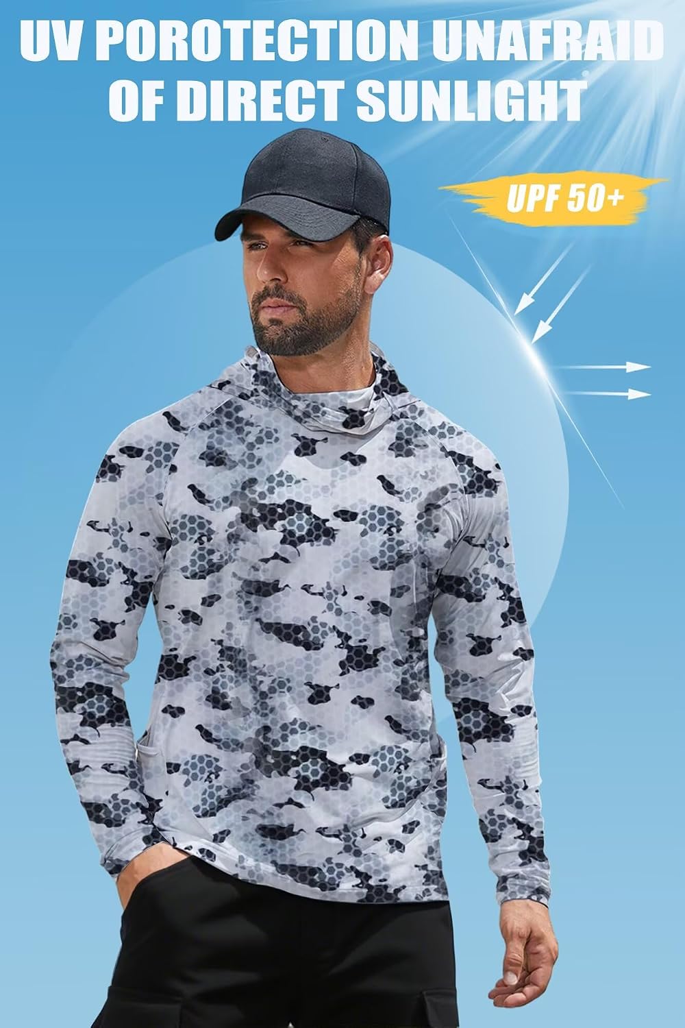SANGTREE Men's UPF 50+ Sun Protection Hoodie Shirt Long Sleeve UV SPF Fishing Lightweight Shirts with Mask Rash Guard
