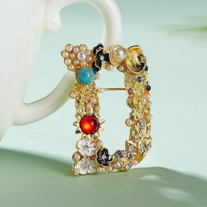 RINHOO Crystal & Pearl Initial Letter Brooch Pin - A-Z Alphabet, Colorful Enamel Gift For Women - View #8