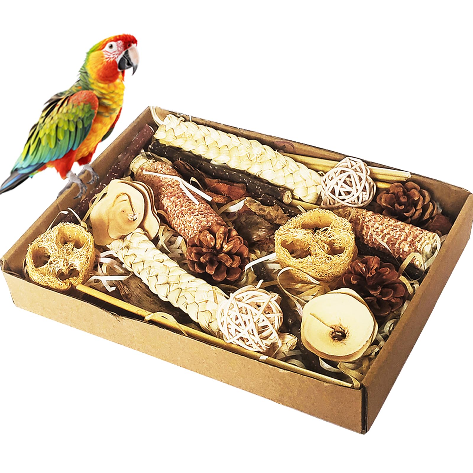 Tinuzo Bird Foraging Natural Materials Parrot Shredding Toys Box for Chewing,Parakeets, Cockatiels, Conures, Love Birds,Other Small to Medium Birds