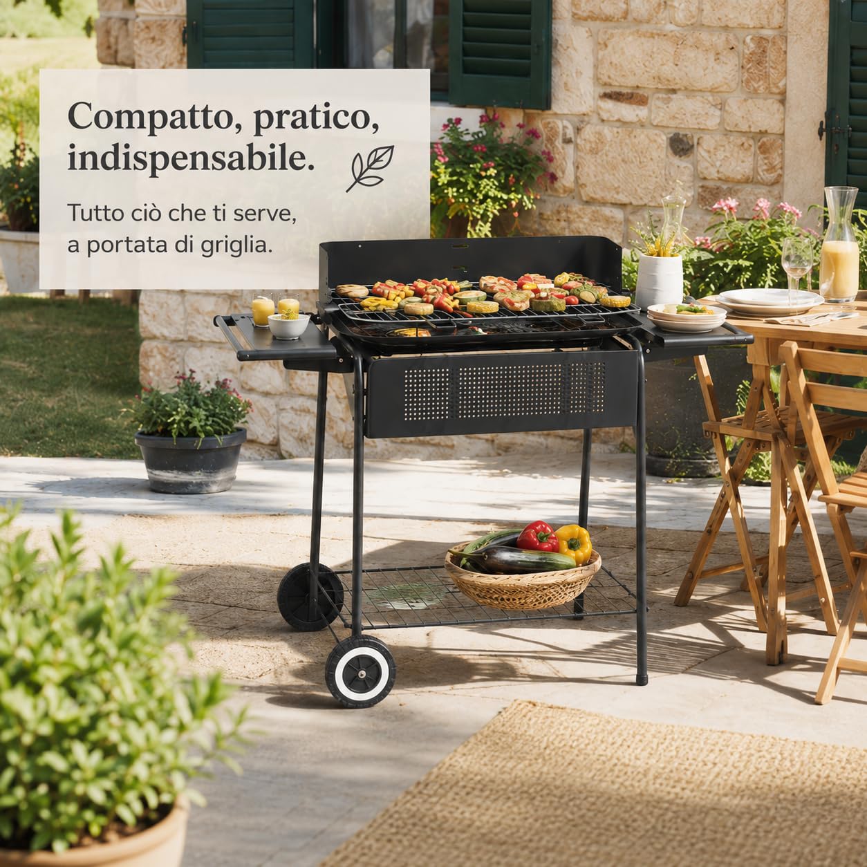 Barbecue a Carbonella in Acciaio con Ruote 90x45x82 cm | Barbecue in acciaio smaltato con griglia, ruote e doppi ripiani porta utensili per grigliate all'aperto.