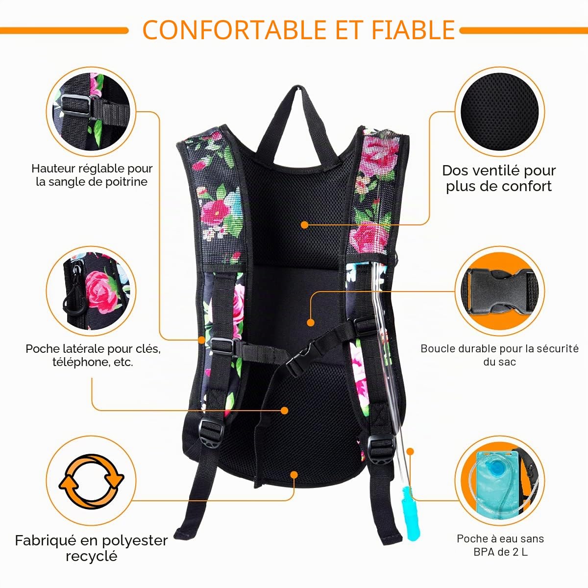 Vibe Sac à Dos d'hydratation en Polyester recyclé – Poche à Eau de 2 l pour Homme et Femme, Noir/Blanc, Medium