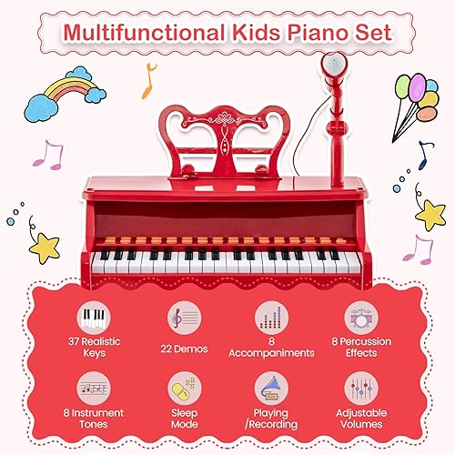 Miniatura 2 de Costzon Piano para niños, teclado de piano de juguete de 37 teclas con micrófono, taburete y soporte de música, piano electrónico portátil, juguete