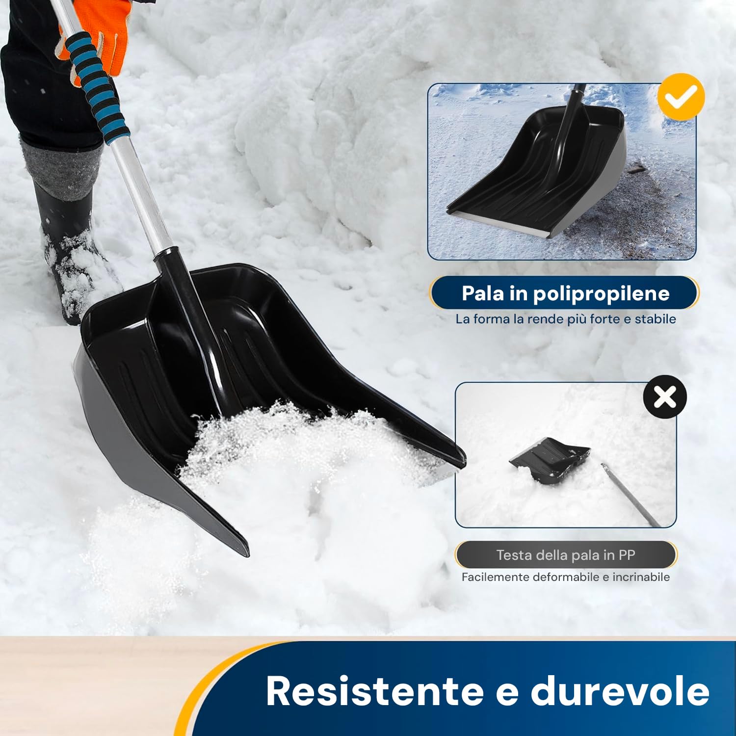 Wintem Pala da Neve con Manico in Alluminio 143x38x18cm - Ideale per Affrontare l’Inverno - Impugnatura Ergonomica Antiscivolo - Struttura Robusta, Leggera e Resistente - Semplice da Usare