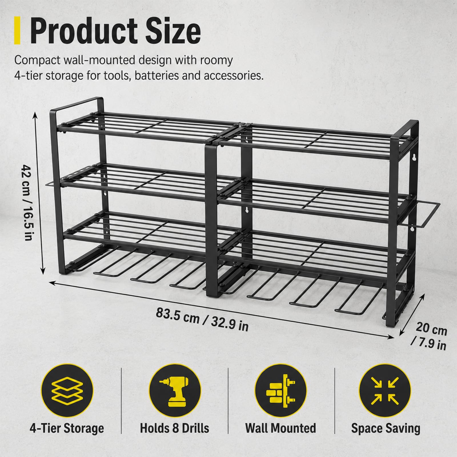 Soporte de pared para herramientas de 4 niveles, 83,5 x 42 x 20 cm, color negro