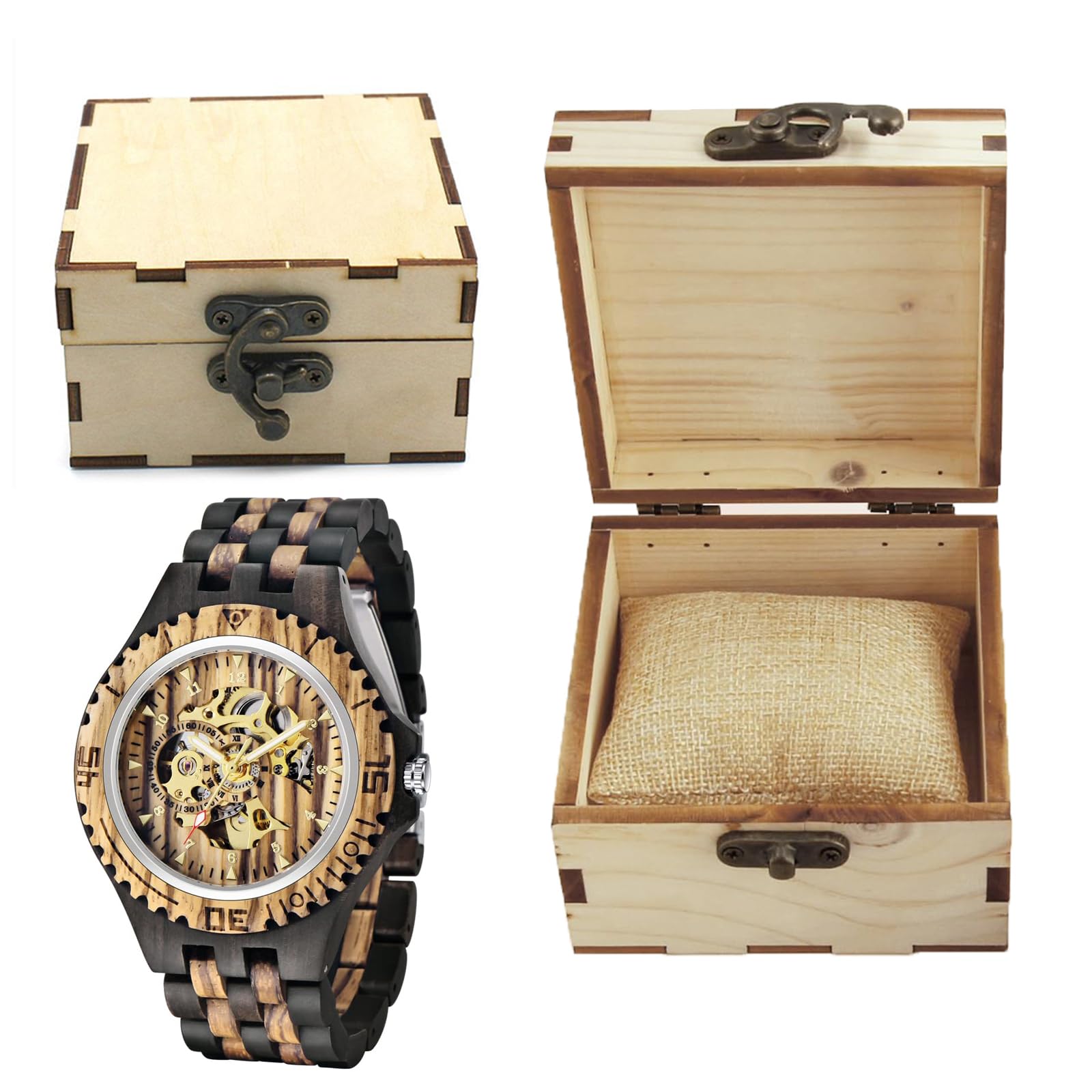 Tiong marrón cuatro dígitos hombres reloj de madera reloj automático hueco reloj de madera mecánico reloj de hombre, Mwd-05circle, Pulsera