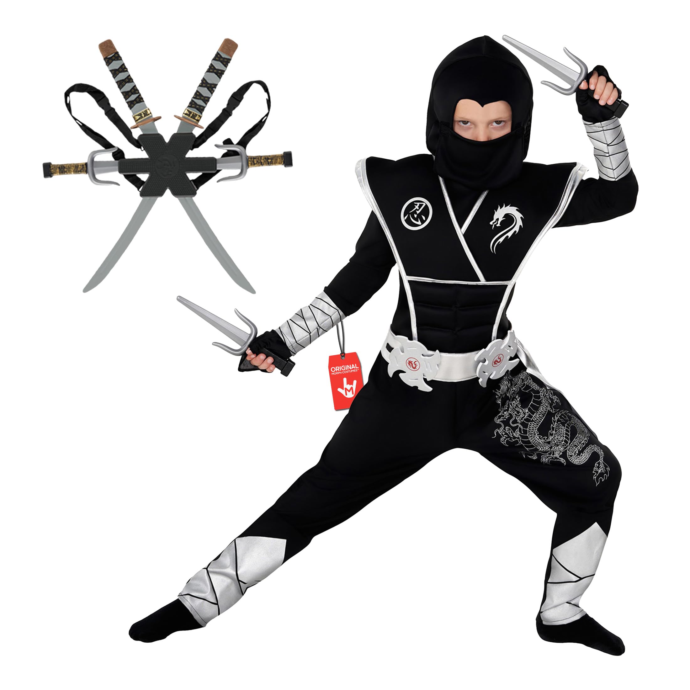 Morph Costume Ninja Bambino Argento - Vestito Carnevale per Bambini, Abito Ninja per Feste, Halloween e Compleanni.