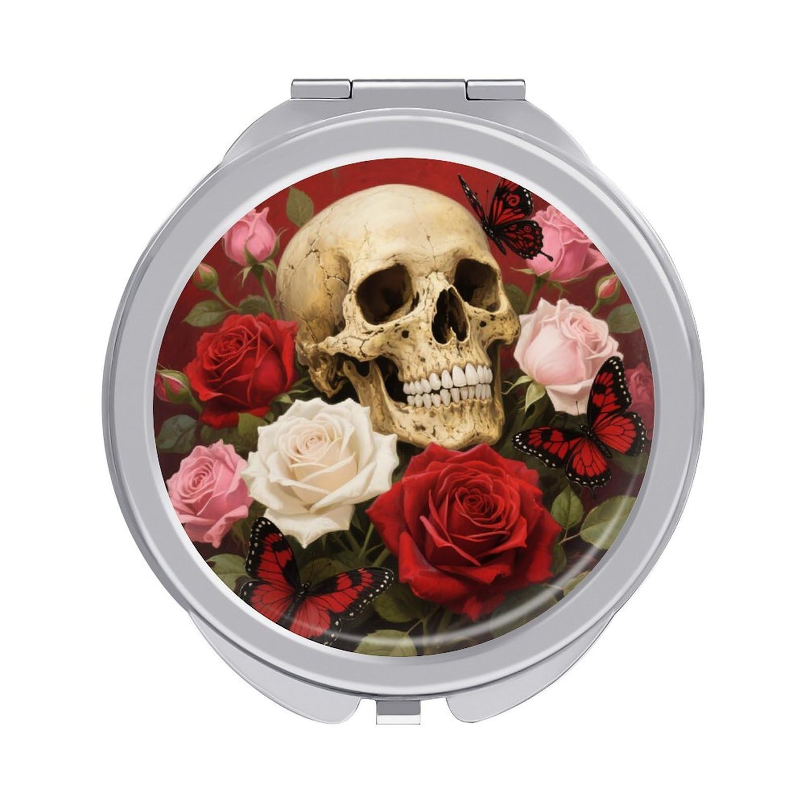 FodPand Compact Hand Mirror with 1x/2x Magnifying Round Travel Makeup Mirror Mini Foldable Vintage Rose Skull Cosmetic Mirrors Travel Essentials Gift for Women Girl Portable for Pocket Purse -Silver