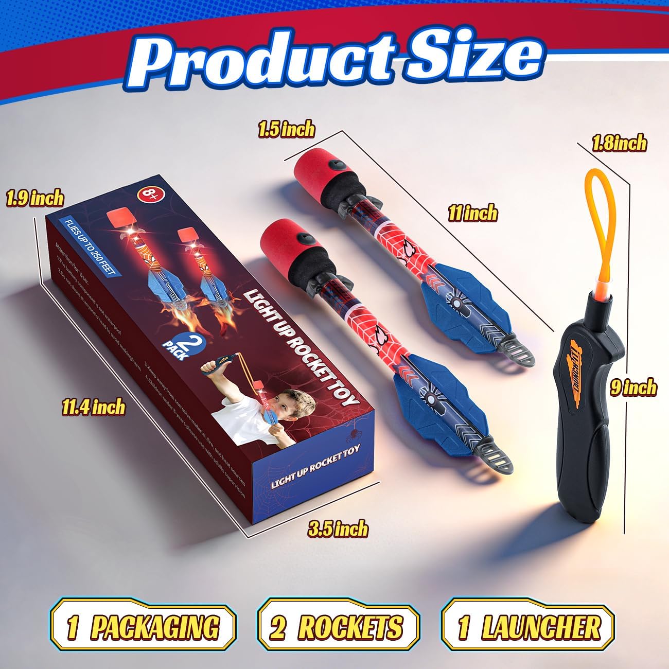 Light Up Slingshot Rocket Launcher for Kids - Spider Themed Auto Glow in Dark Foam Rockets, 250FT Outdoor Flying Toy, Stocking Stuffers for 6 7 8 9 10 Year Old Boys & Teen Superhero Fans