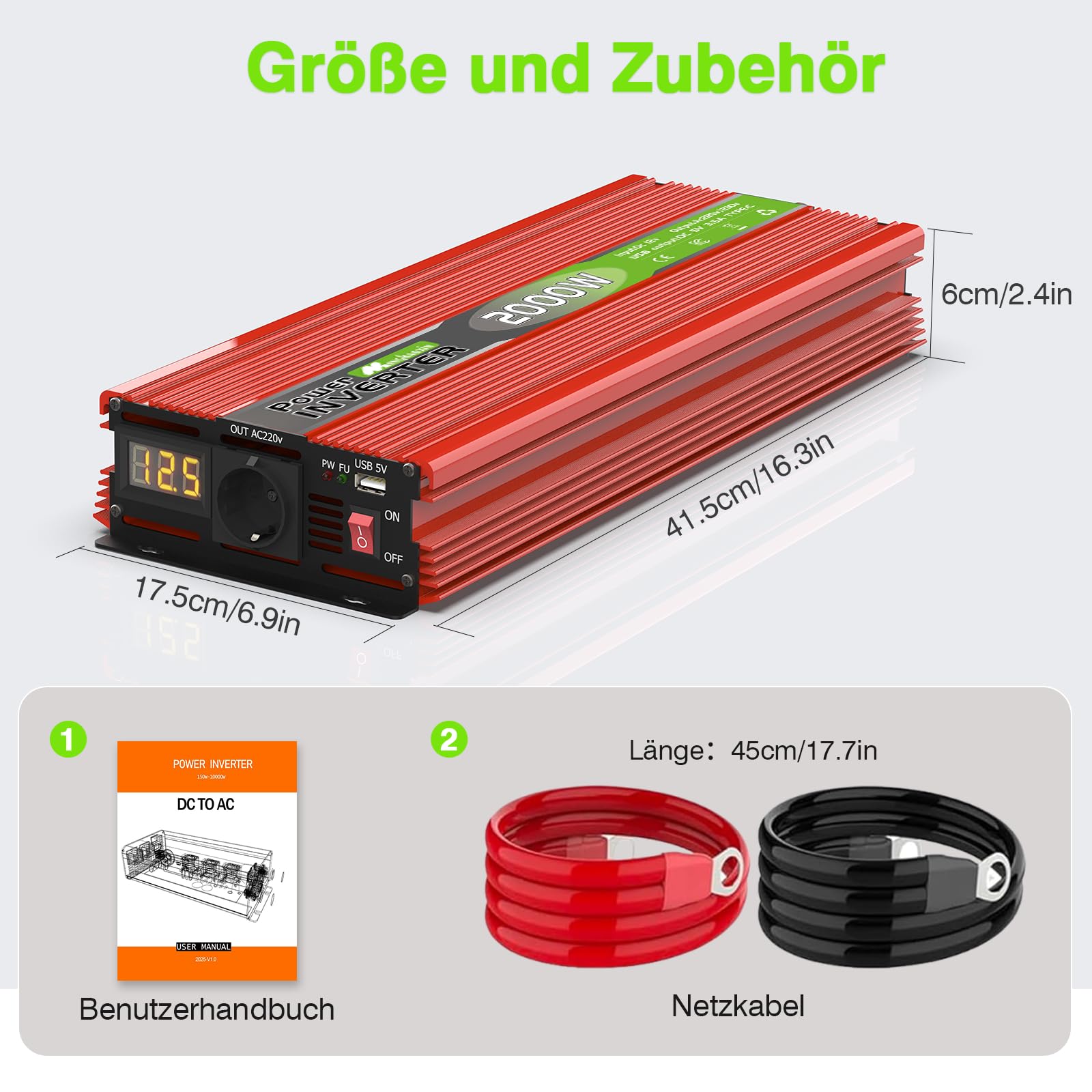 2000W Wechselrichter 12V auf 230V Spannungswandler Konverter Power Inverter Spitzenleistung 4000W mit EU Steckdosen, USB/Type-C und LED Anzeige, Umwandler für LKW Camping Haushaltsgeräten