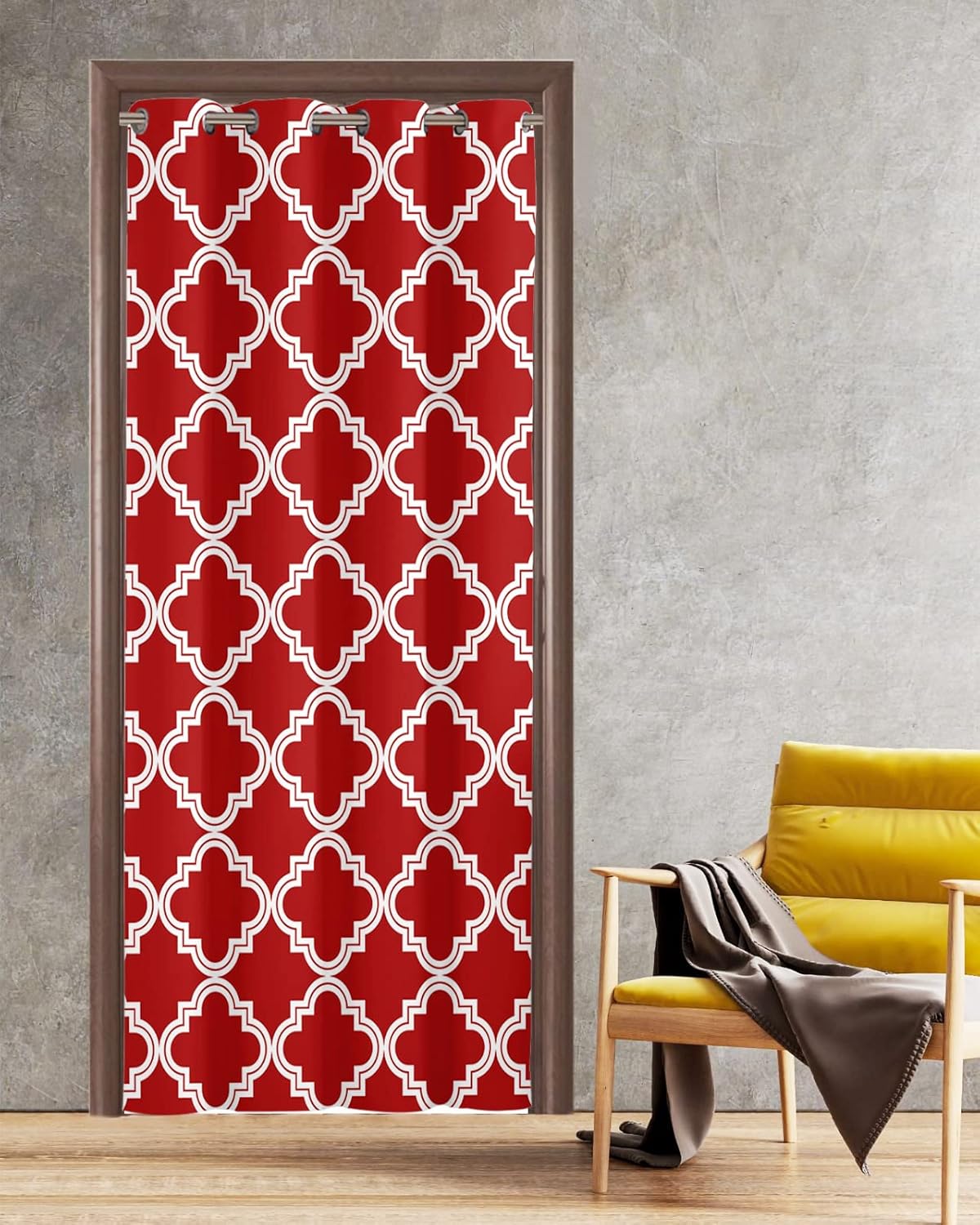 Blackout Door Curtain Room Darkening Drape for Doorway Living Room, Red Moroccan Pattern Geometric Doorway Curtain Thermal Insulated Divider Drape Grommet Bedroom Closet Door Curtain, 54" Wx78 L